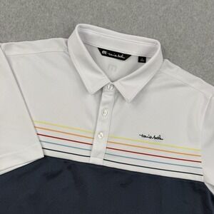 Travis Mathew Shirt‎ Mens Large White Blue Colorblock Striped Polo Short Sleeve